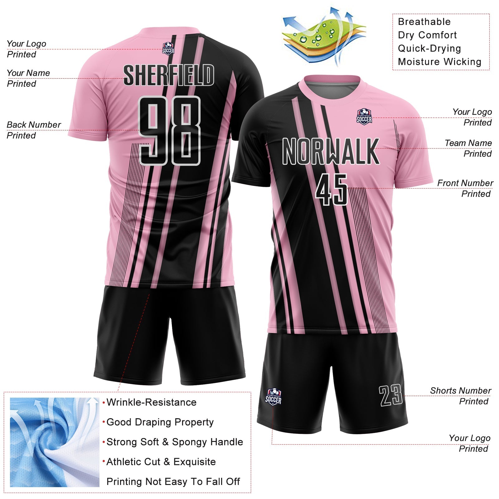 Custom Light Pink Black-White Lines Sports Sublimation Soccer Uniform Jersey view 4
