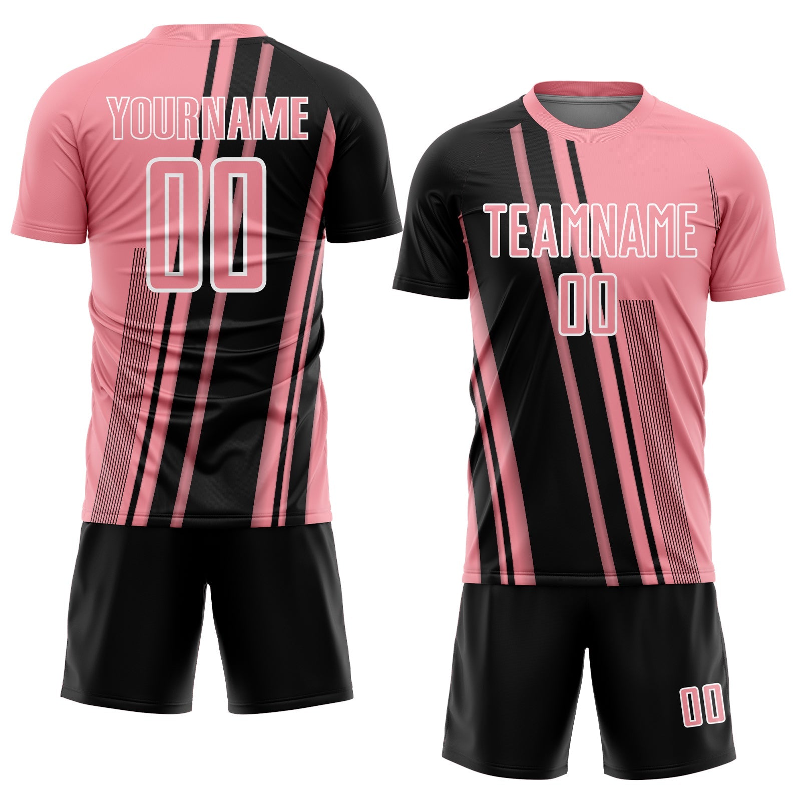 Custom Medium Pink Black-White Lines Sports Sublimation Soccer Uniform Jersey view 2