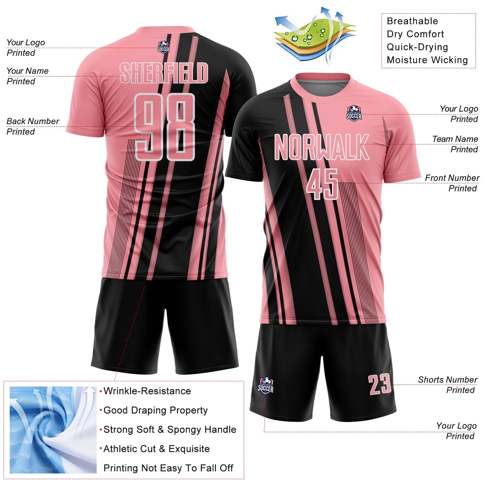 Custom Medium Pink Black-White Lines Sports Sublimation Soccer Uniform Jersey view 4
