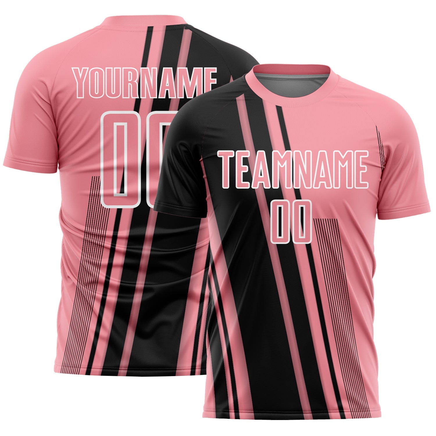 Custom Medium Pink Black-White Lines Sports Sublimation Soccer Uniform Jersey - Main View