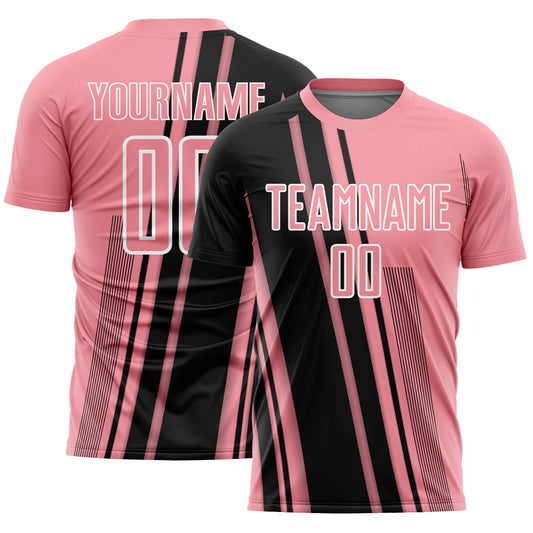 Custom Medium Pink Black-White Lines Sports Sublimation Soccer Uniform Jersey - Main View
