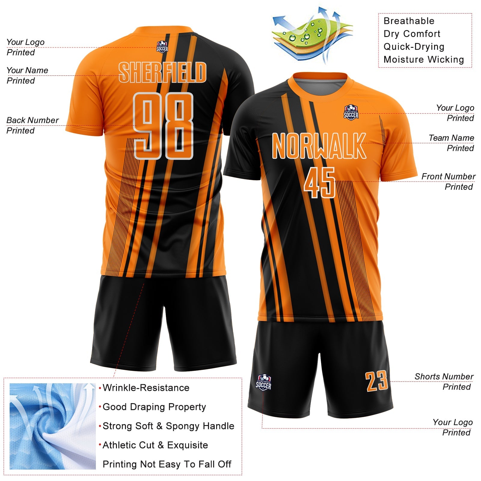Custom Bay Orange Black-White Lines Sports Sublimation Soccer Uniform Jersey view 4