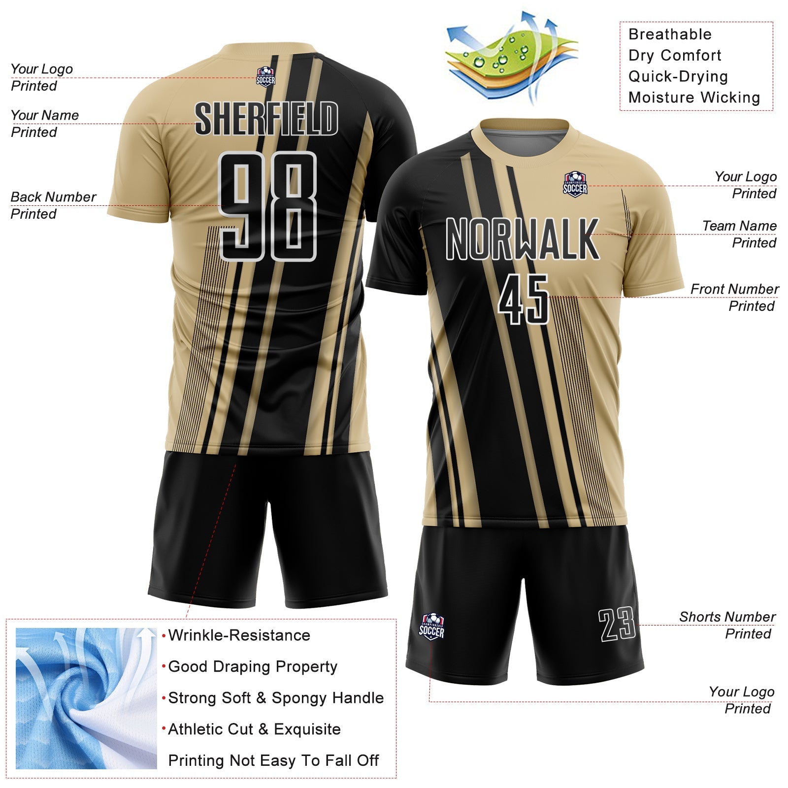 Custom Vegas Gold Black-White Lines Sports Sublimation Soccer Uniform Jersey view 4
