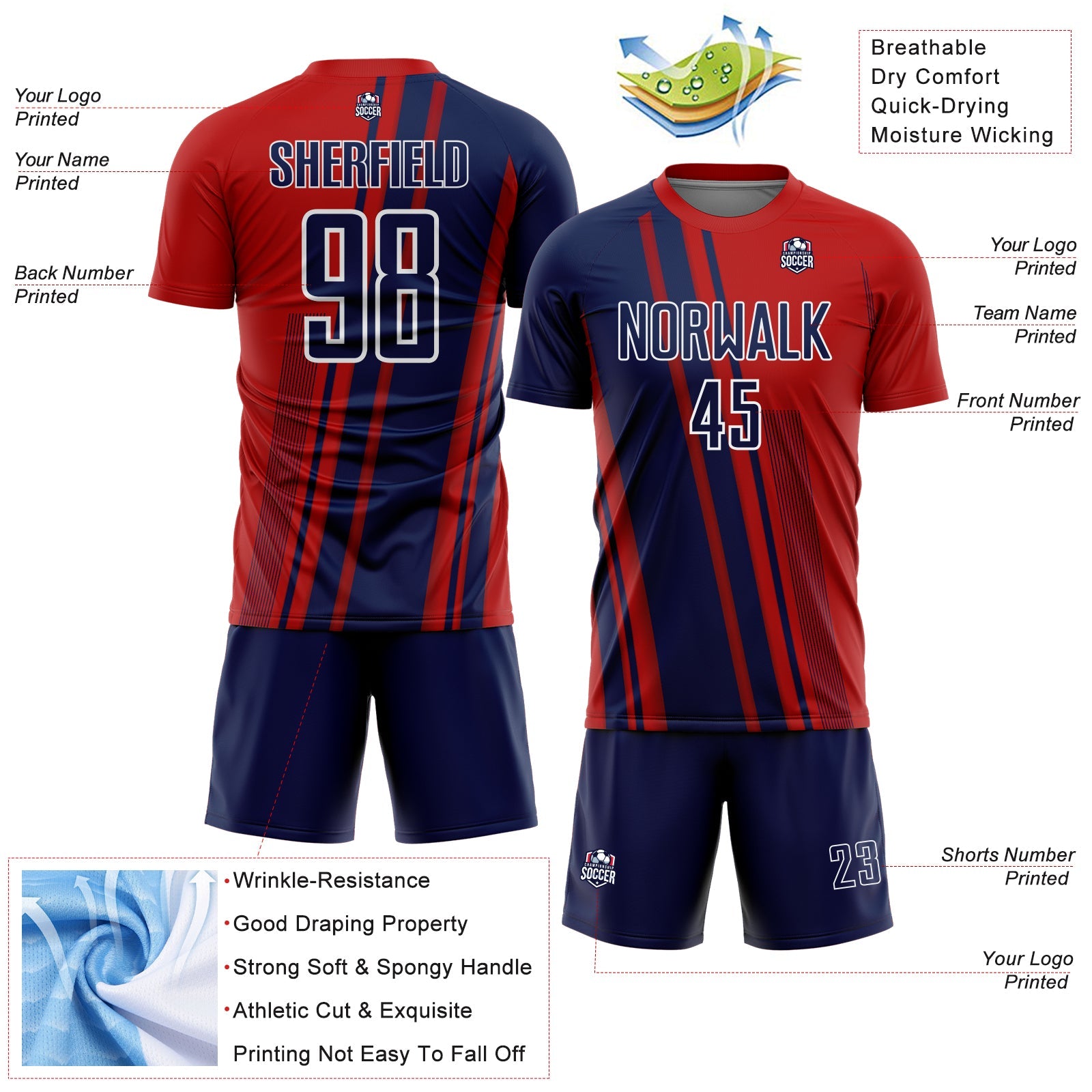 Custom Red Navy-White Lines Sports Sublimation Soccer Uniform Jersey view 4