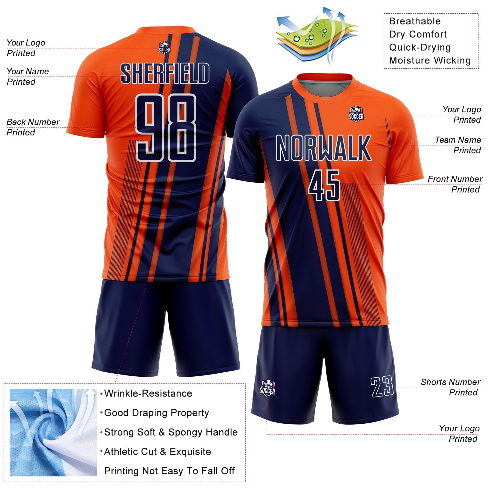 Custom Orange Navy-White Lines Sports Sublimation Soccer Uniform Jersey view 4
