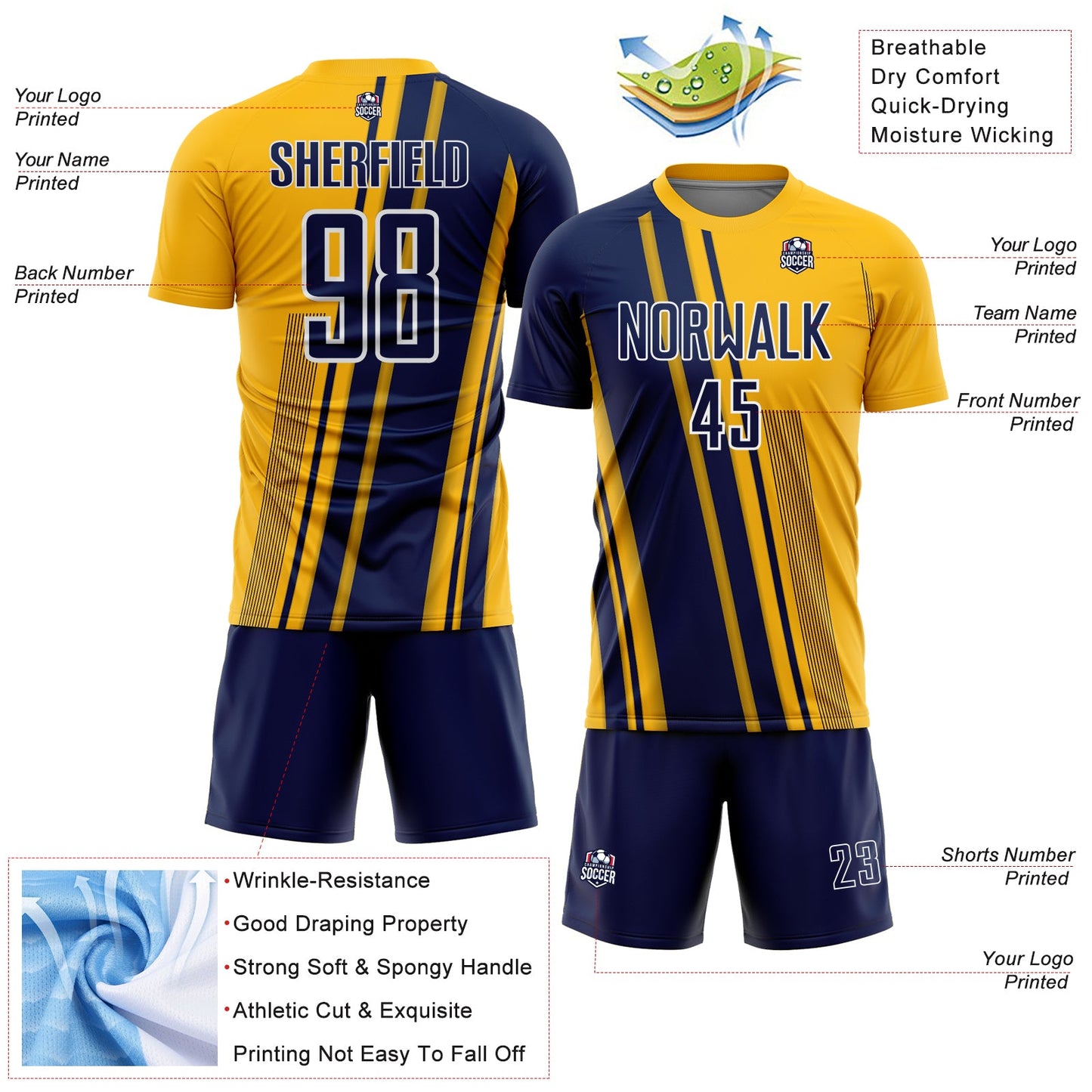 Custom Gold Navy-White Lines Sports Sublimation Soccer Uniform Jersey view 4