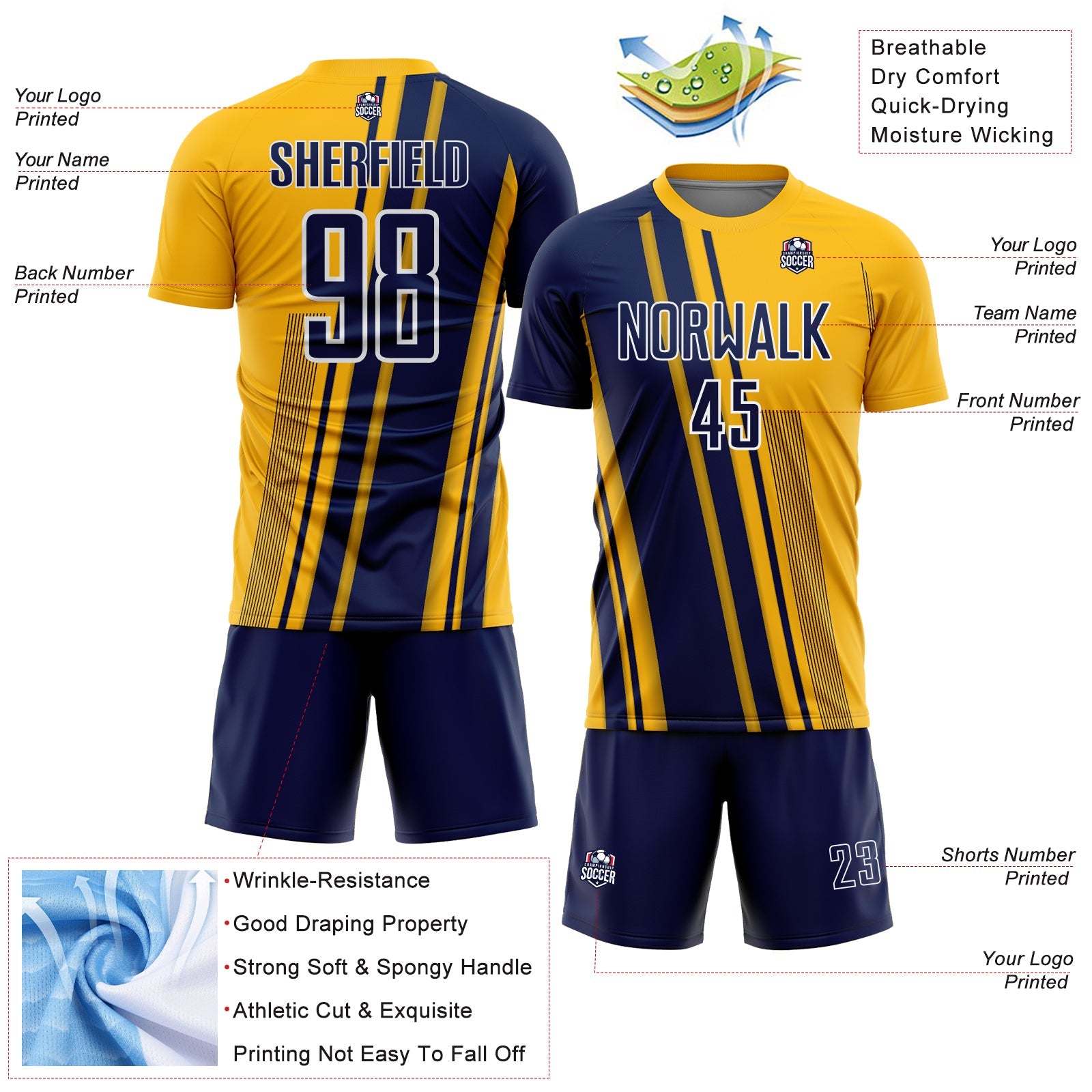Custom Gold Navy-White Lines Sports Sublimation Soccer Uniform Jersey view 4