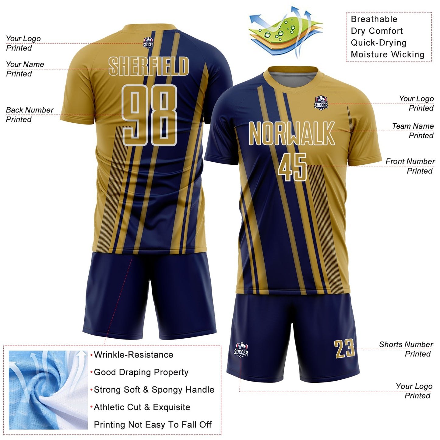 Custom Old Gold Navy-White Lines Sports Sublimation Soccer Uniform Jersey view 4
