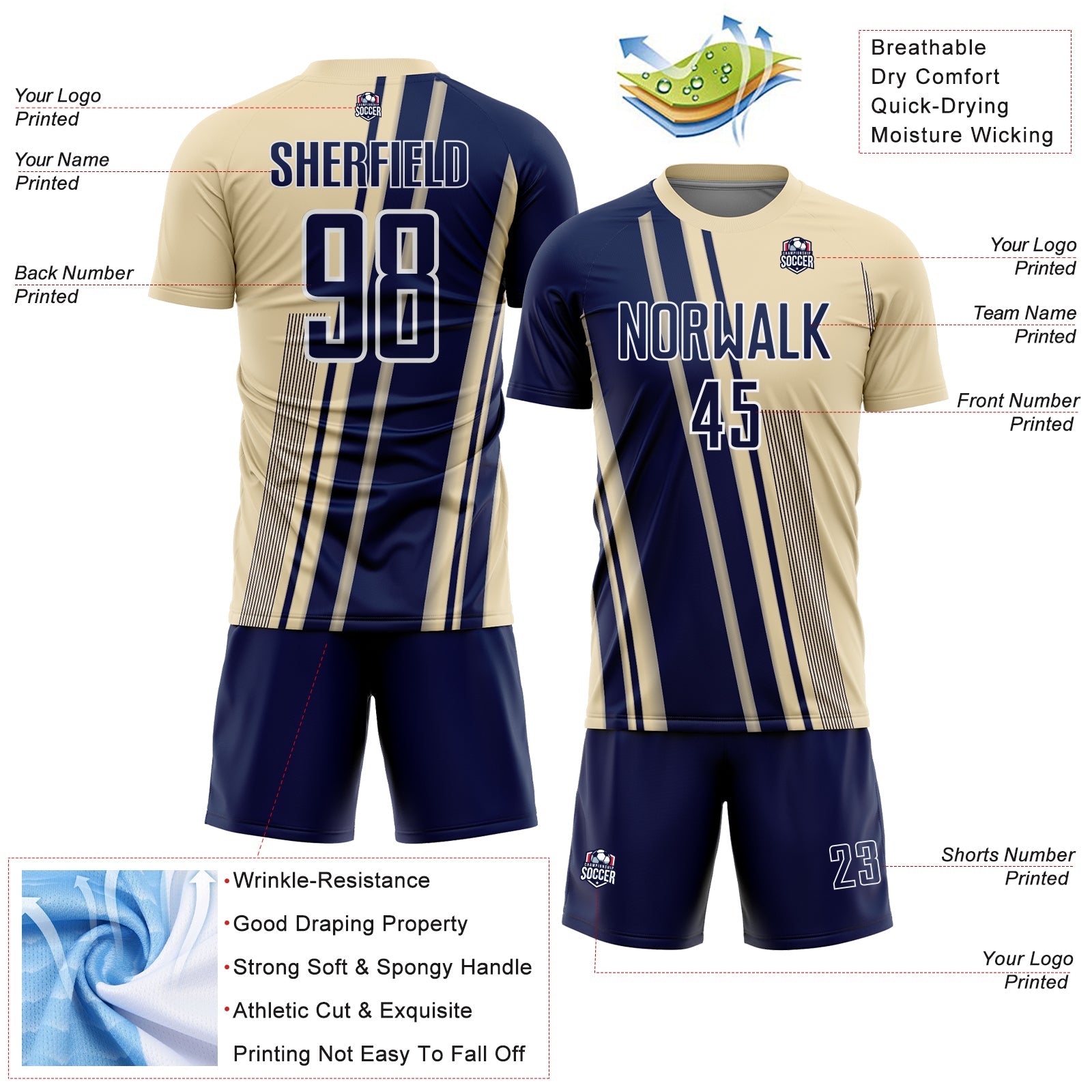 Custom Cream Navy-White Lines Sports Sublimation Soccer Uniform Jersey view 4