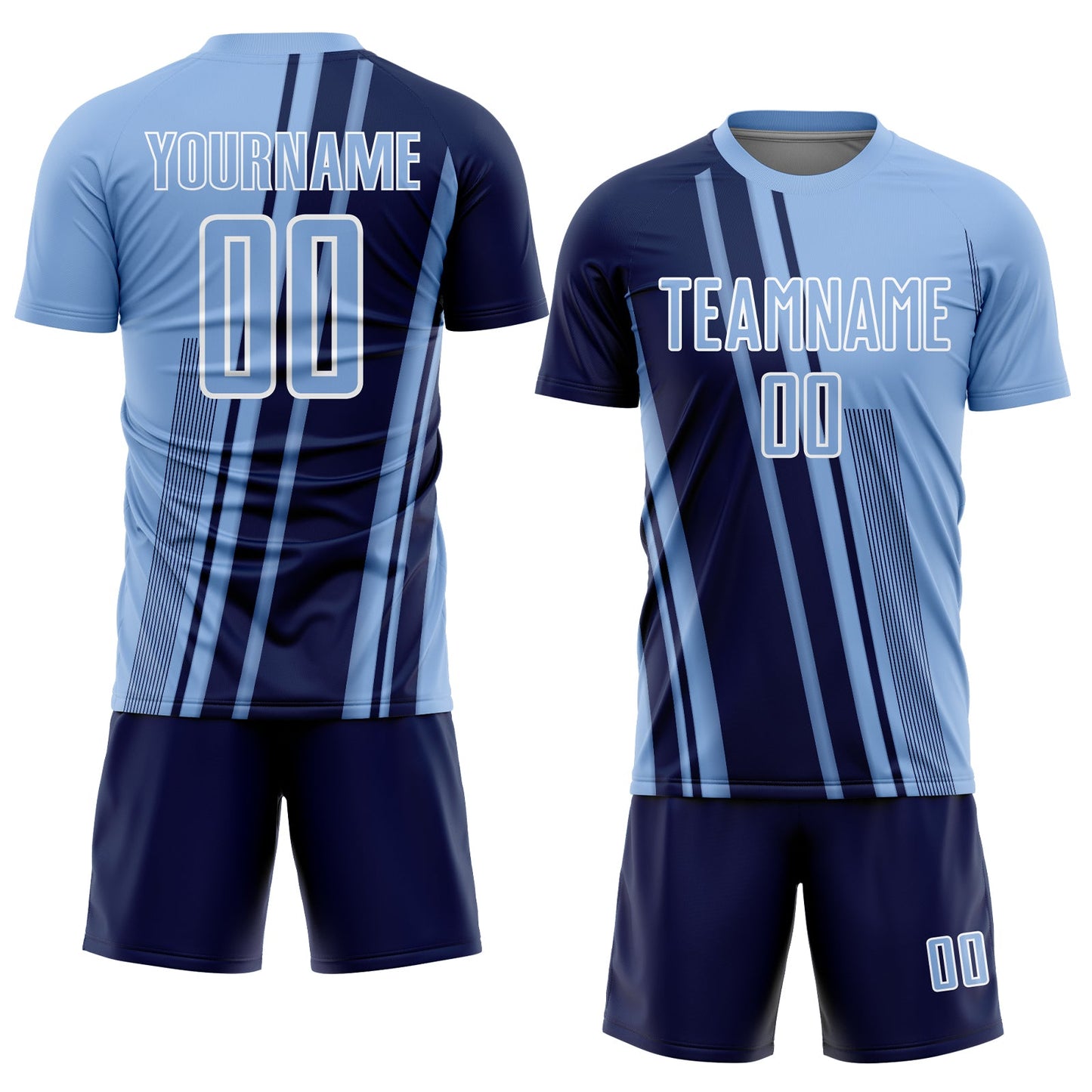 Custom Light Blue Navy-White Lines Sports Sublimation Soccer Uniform Jersey view 2