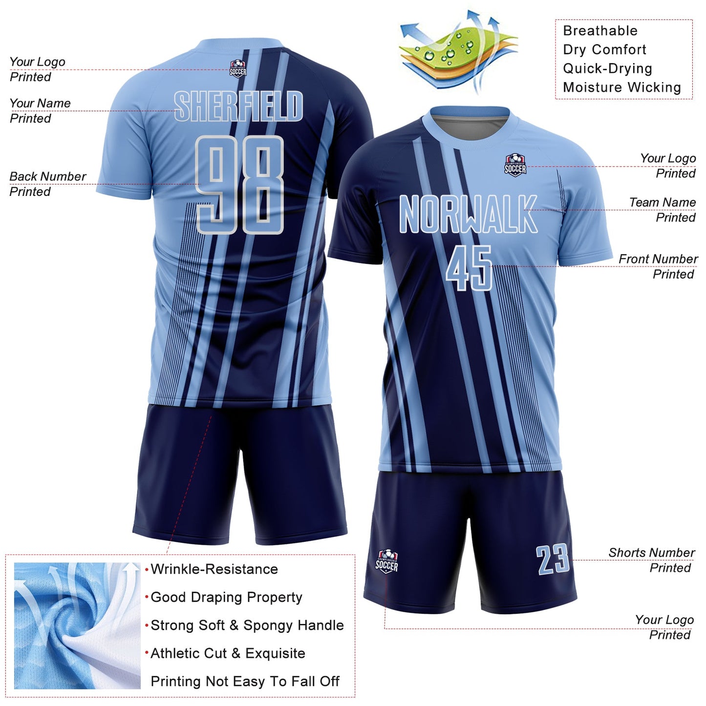 Custom Light Blue Navy-White Lines Sports Sublimation Soccer Uniform Jersey view 4