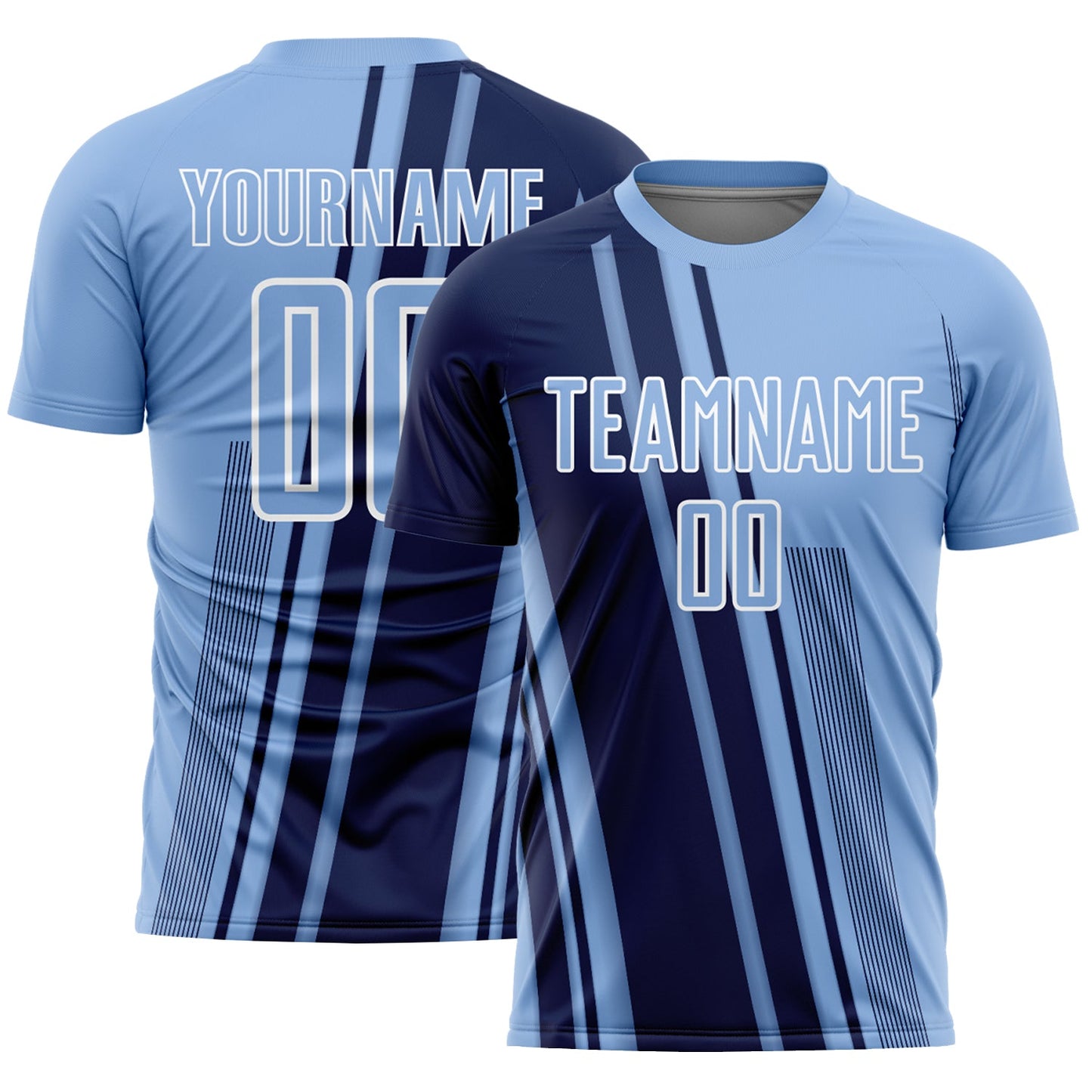 Custom Light Blue Navy-White Lines Sports Sublimation Soccer Uniform Jersey - Main View