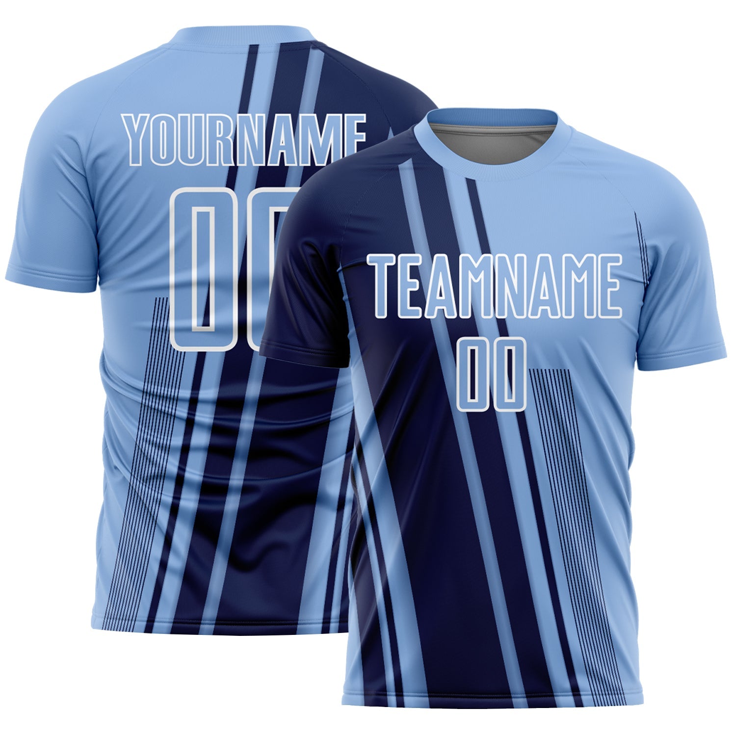 Custom Light Blue Navy-White Lines Sports Sublimation Soccer Uniform Jersey - Main View