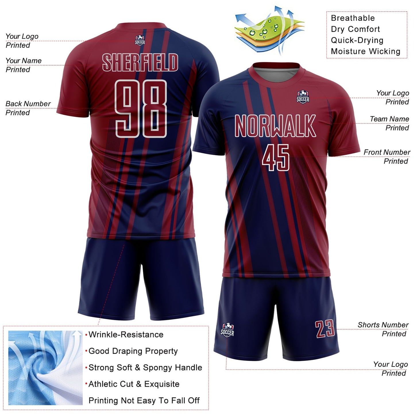 Custom Crimson Navy-White Lines Sports Sublimation Soccer Uniform Jersey view 4