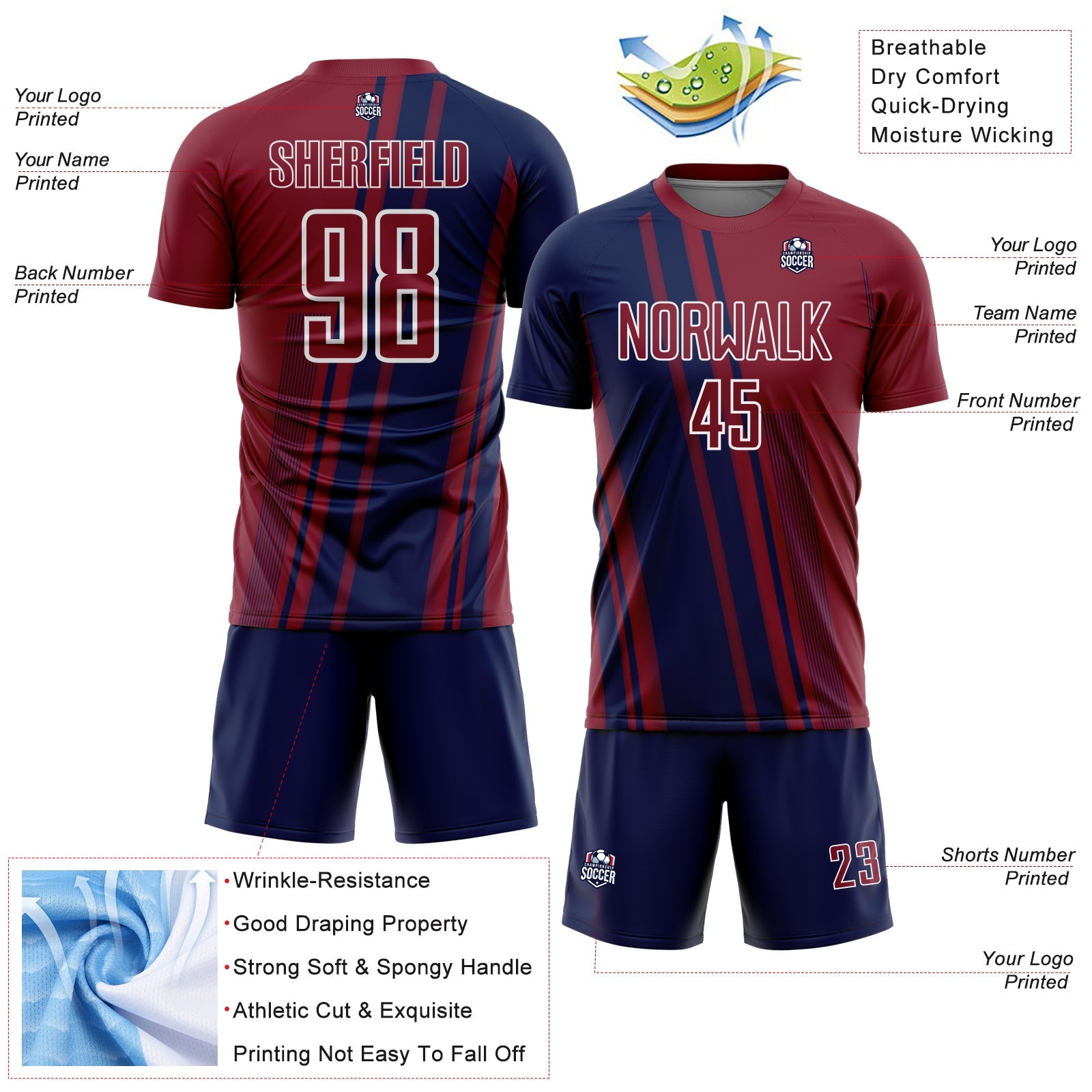 Custom Crimson Navy-White Lines Sports Sublimation Soccer Uniform Jersey view 4