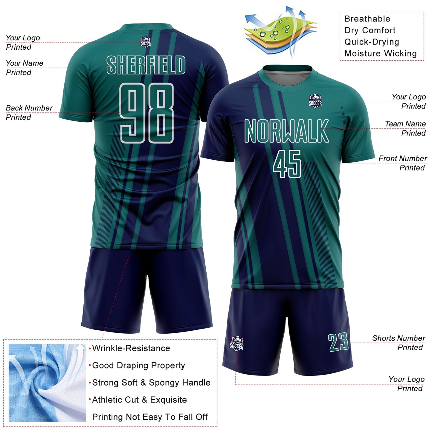 Custom Teal Navy-White Lines Sports Sublimation Soccer Uniform Jersey view 4