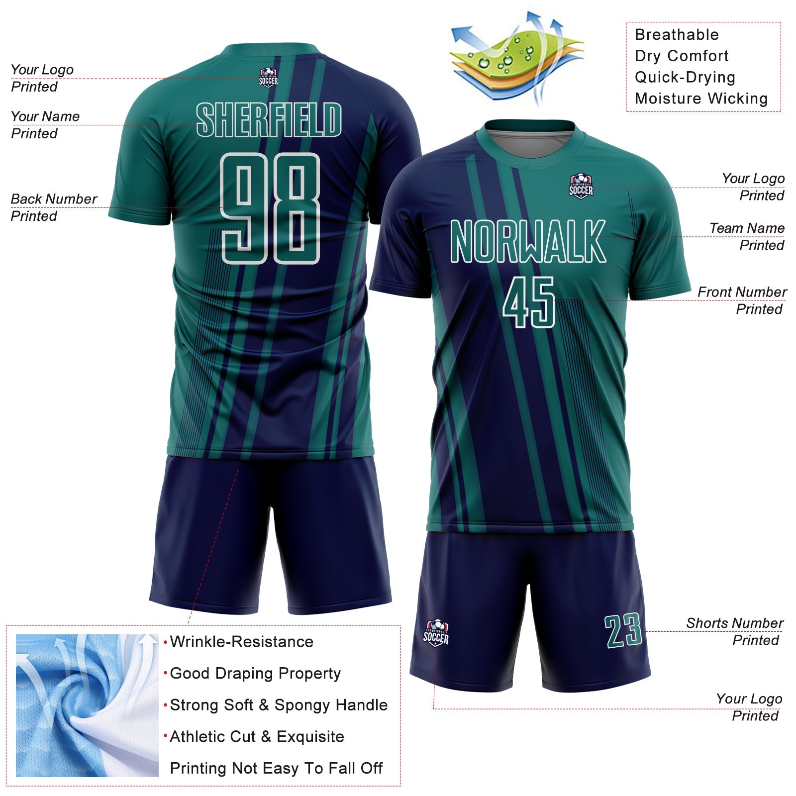 Custom Teal Navy-White Lines Sports Sublimation Soccer Uniform Jersey view 4