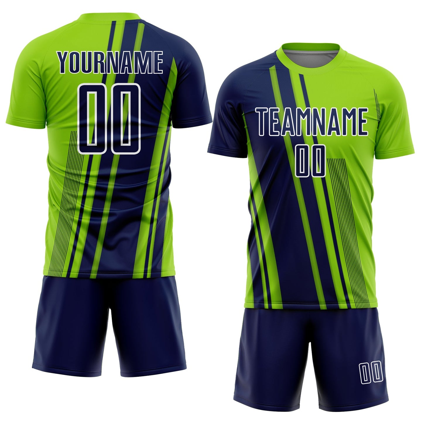 Custom Neon Green Navy-White Lines Sports Sublimation Soccer Uniform Jersey view 2
