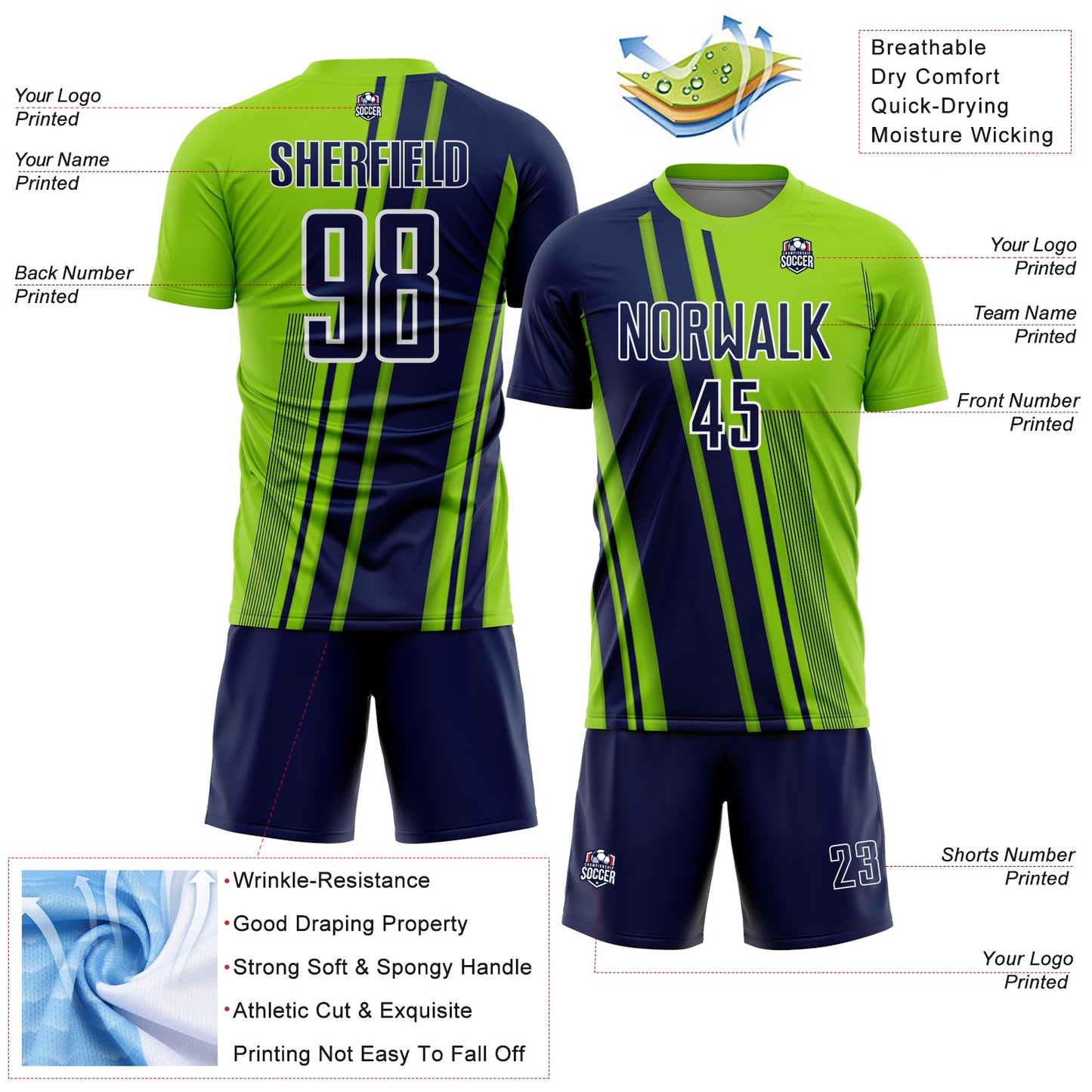 Custom Neon Green Navy-White Lines Sports Sublimation Soccer Uniform Jersey view 4