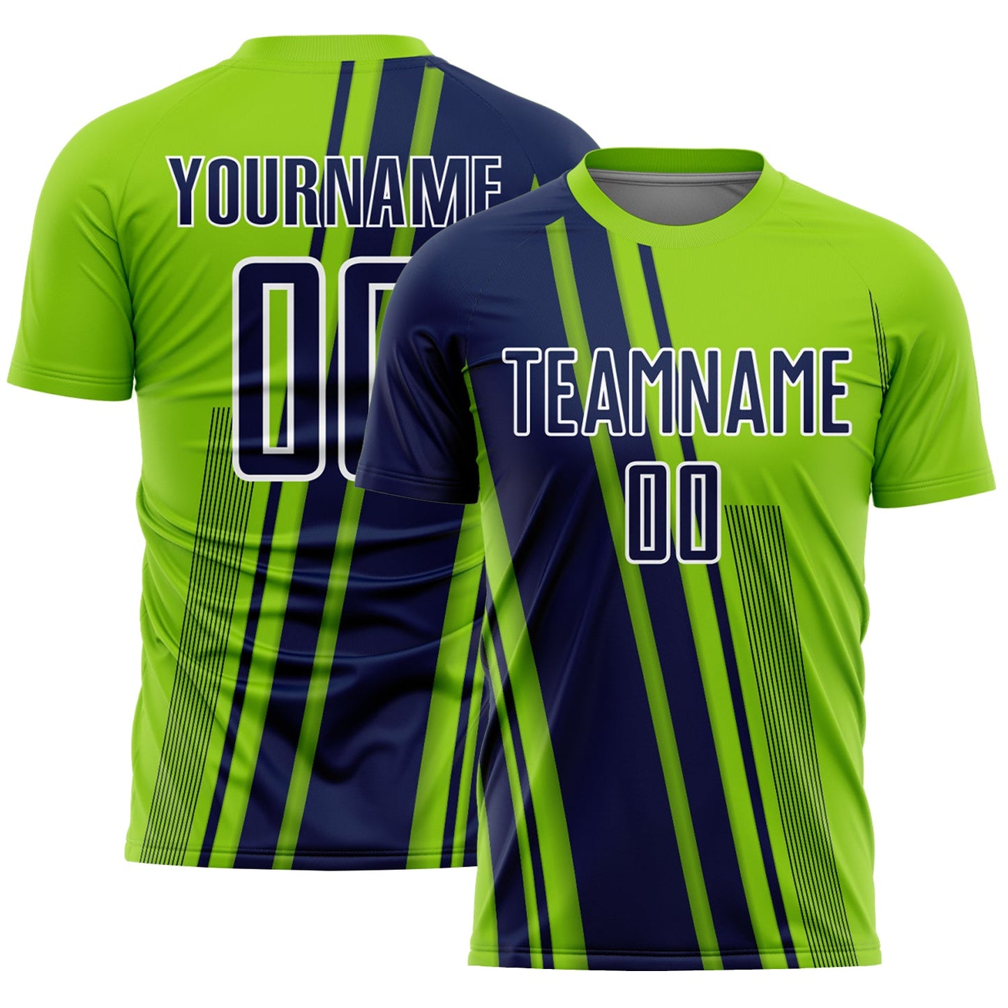 Custom Neon Green Navy-White Lines Sports Sublimation Soccer Uniform Jersey - Main View