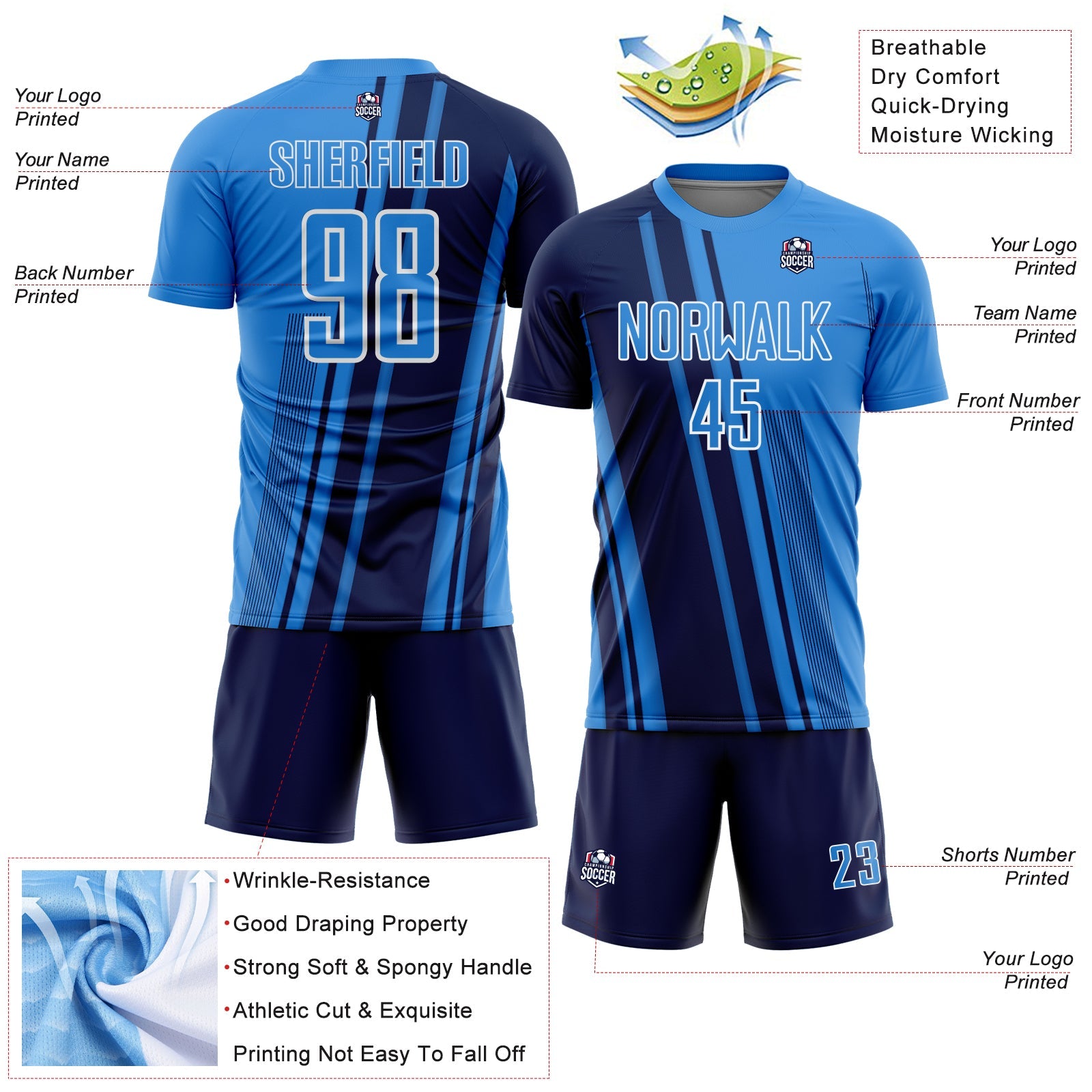 Custom Powder Blue Navy-White Lines Sports Sublimation Soccer Uniform Jersey view 4