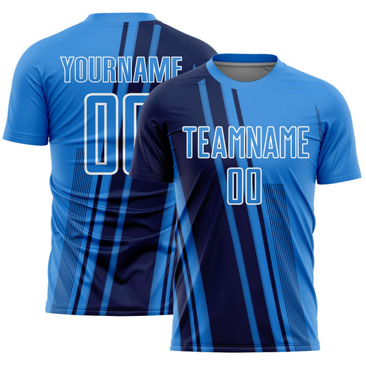 Custom Powder Blue Navy-White Lines Sports Sublimation Soccer Uniform Jersey - Main View