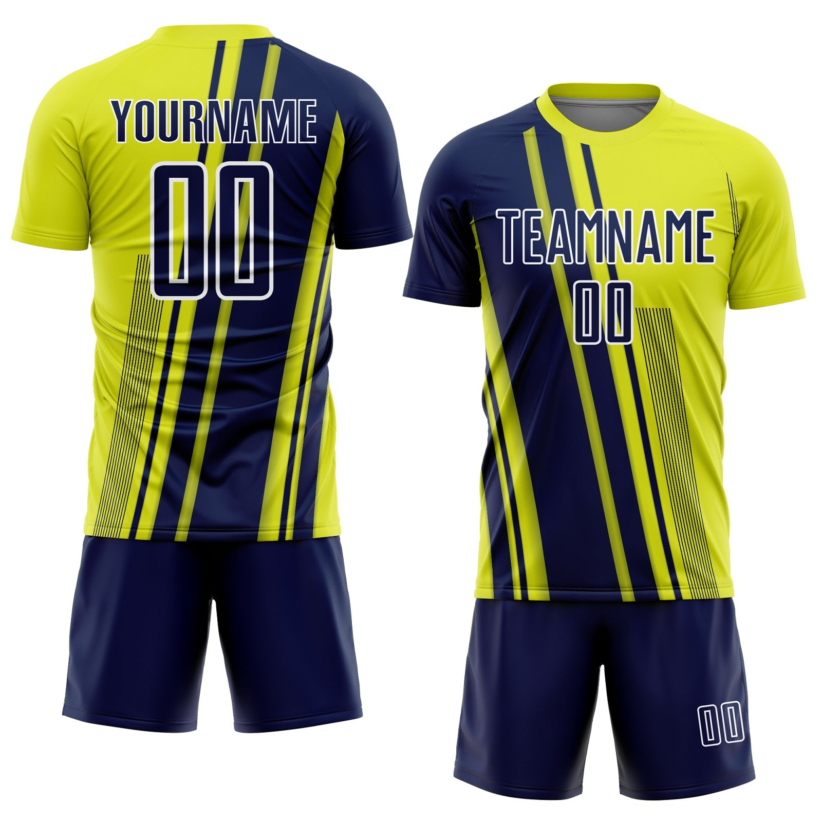 Custom Neon Yellow Navy-White Lines Sports Sublimation Soccer Uniform Jersey view 2