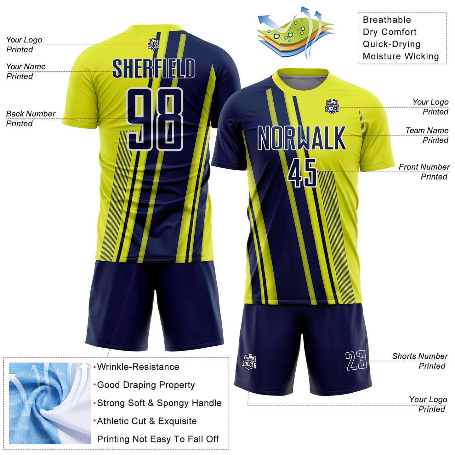 Custom Neon Yellow Navy-White Lines Sports Sublimation Soccer Uniform Jersey view 4