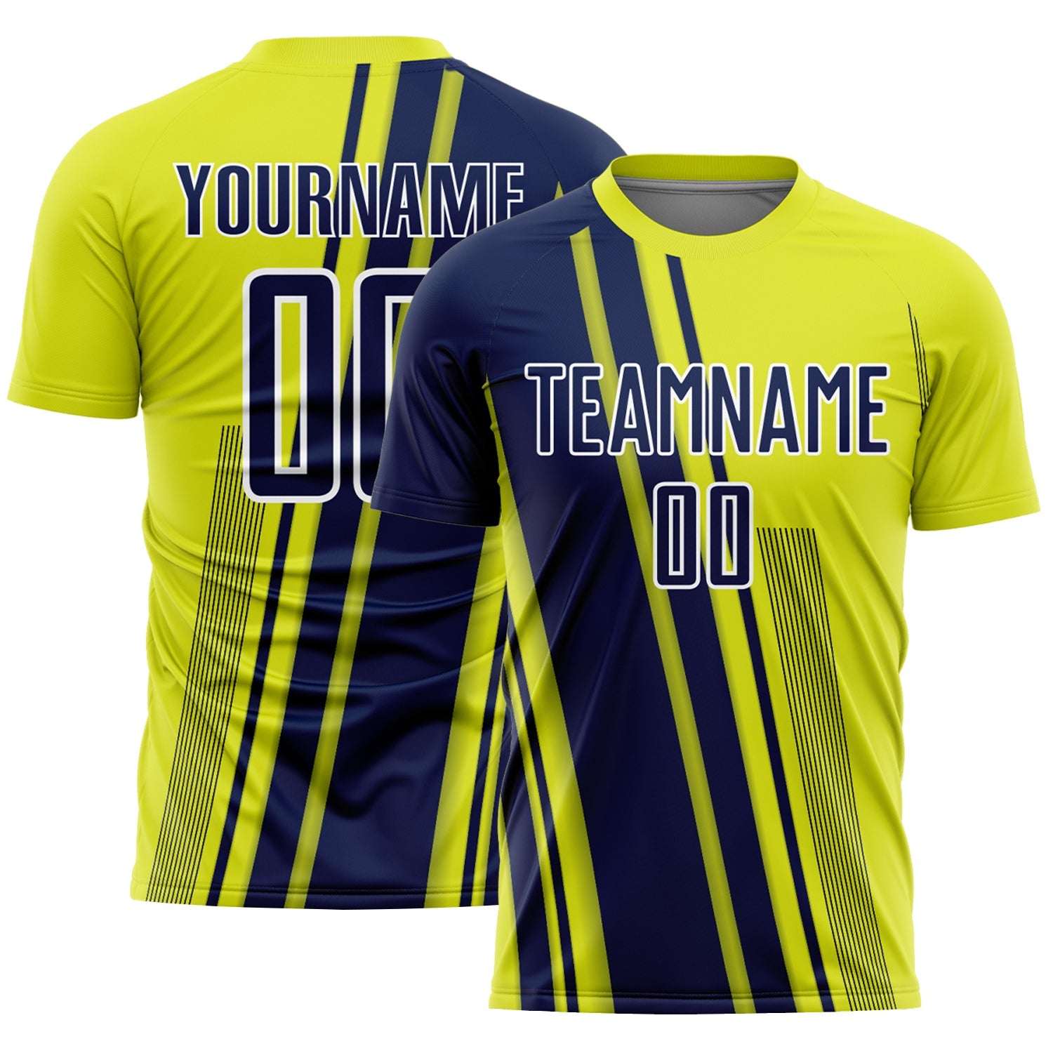 Custom Neon Yellow Navy-White Lines Sports Sublimation Soccer Uniform Jersey - Main View