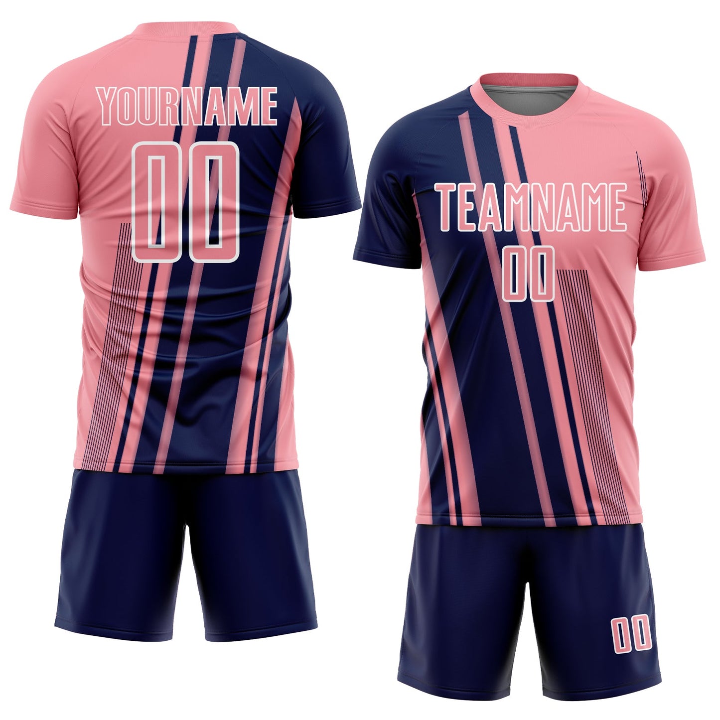 Custom Medium Pink Navy-White Lines Sports Sublimation Soccer Uniform Jersey view 2