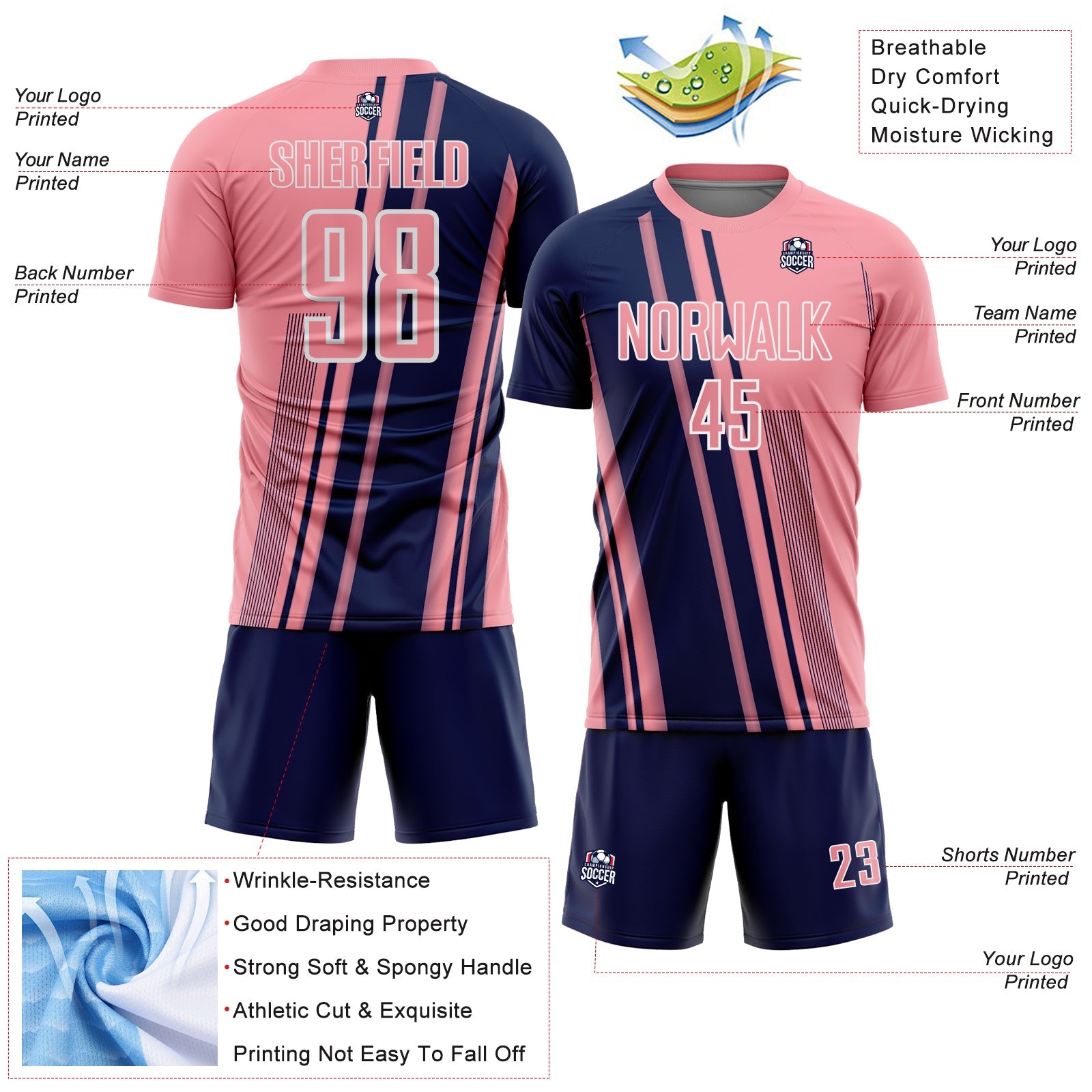 Custom Medium Pink Navy-White Lines Sports Sublimation Soccer Uniform Jersey view 4