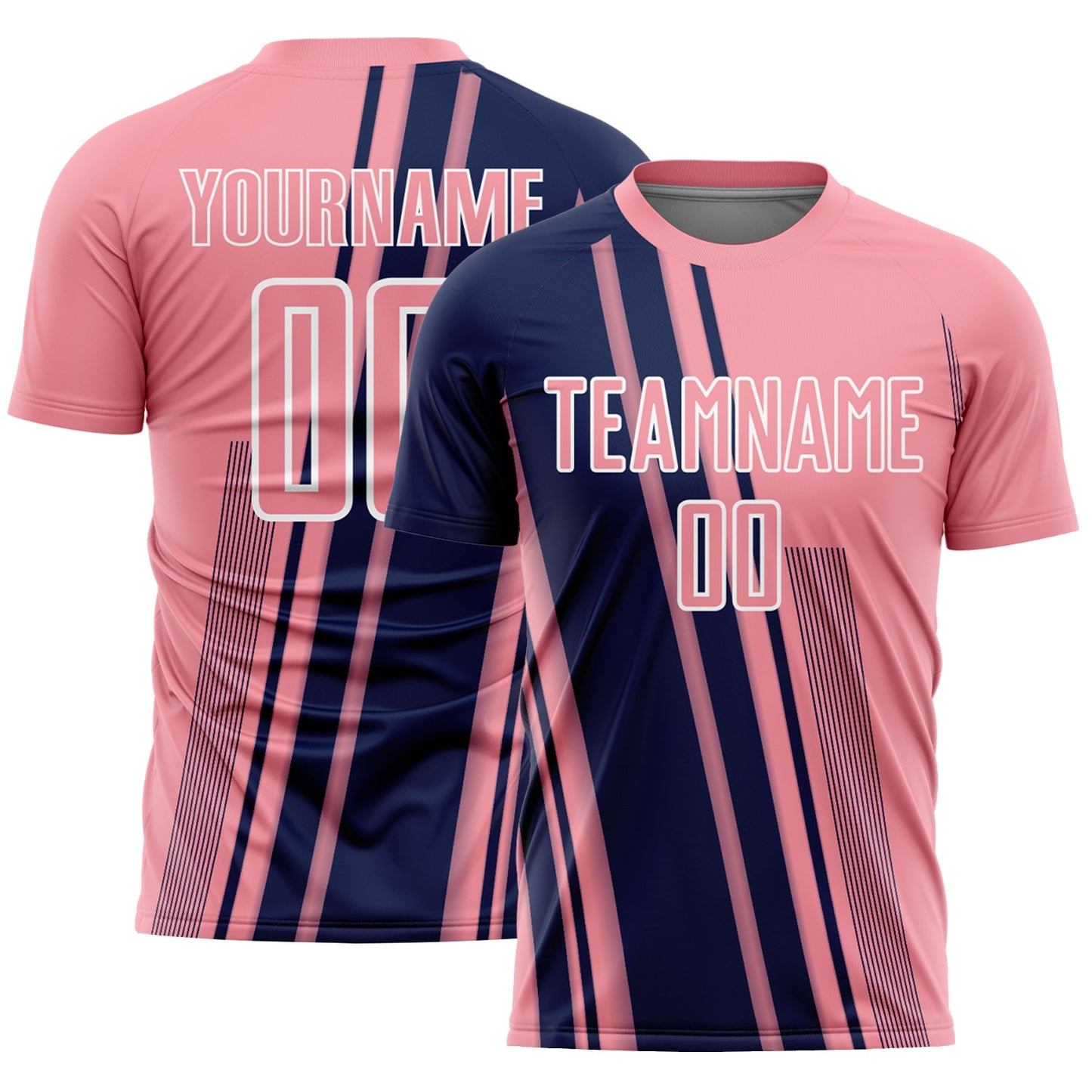 Custom Medium Pink Navy-White Lines Sports Sublimation Soccer Uniform Jersey - Main View