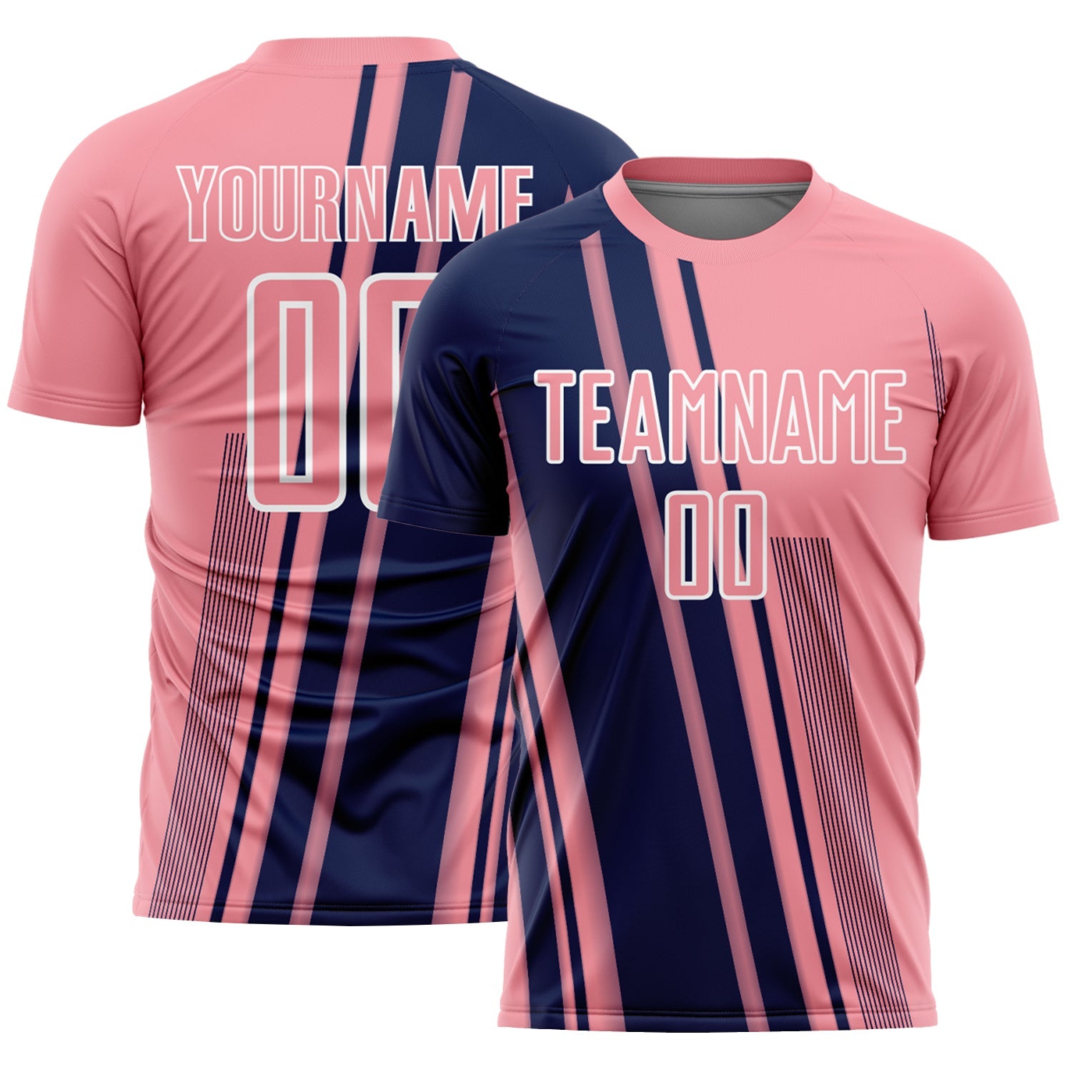 Custom Medium Pink Navy-White Lines Sports Sublimation Soccer Uniform Jersey - Main View