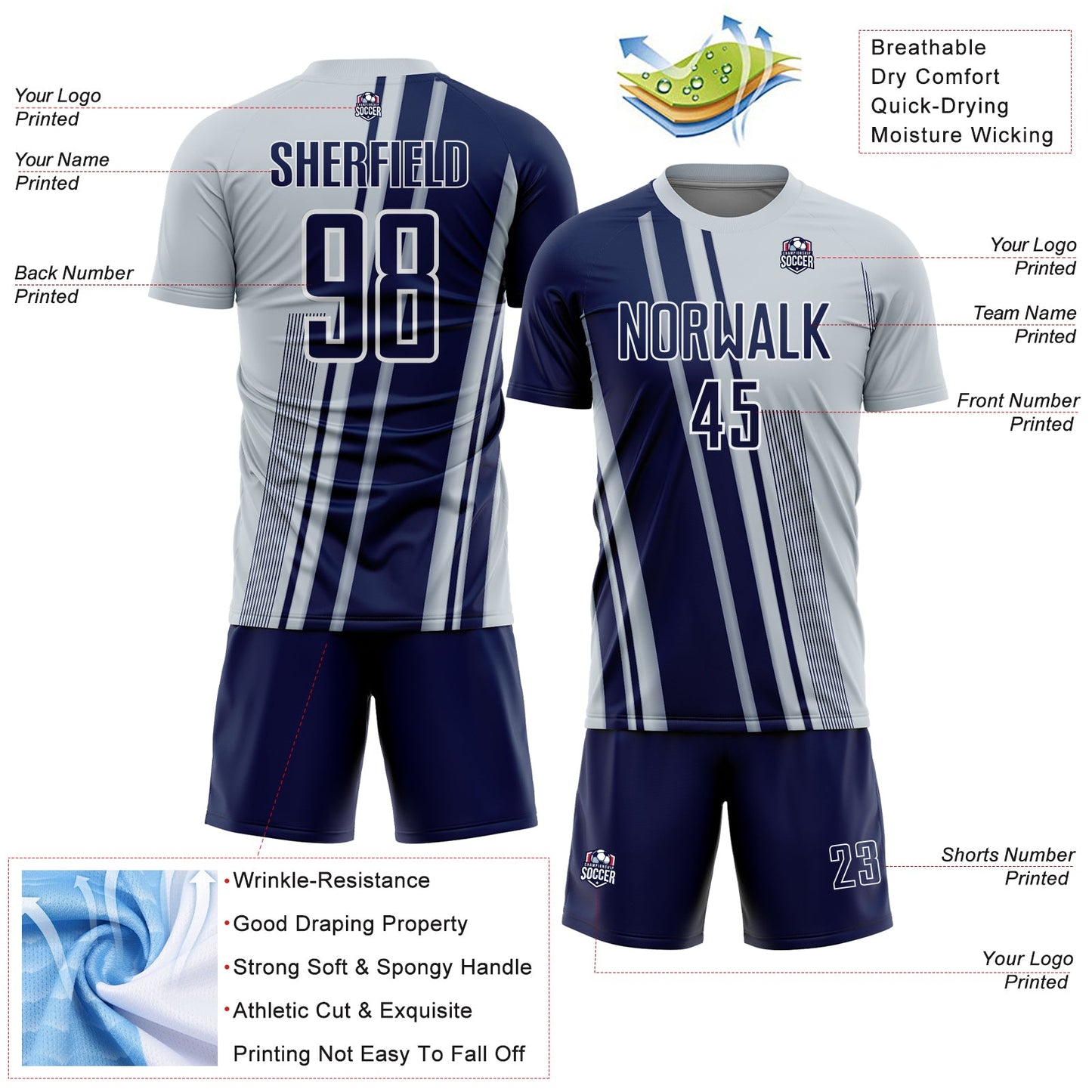 Custom Silver Navy-White Lines Sports Sublimation Soccer Uniform Jersey view 4