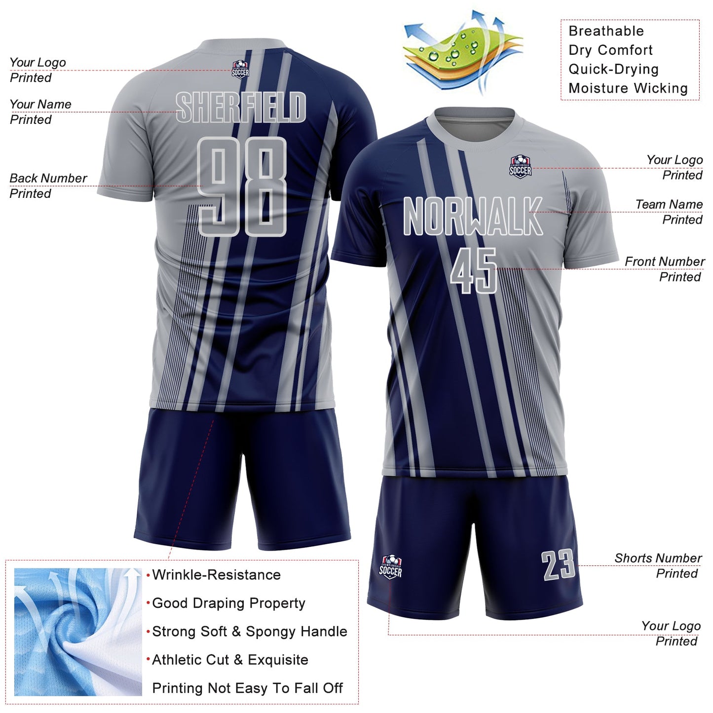 Custom Gray Navy-White Lines Sports Sublimation Soccer Uniform Jersey view 4