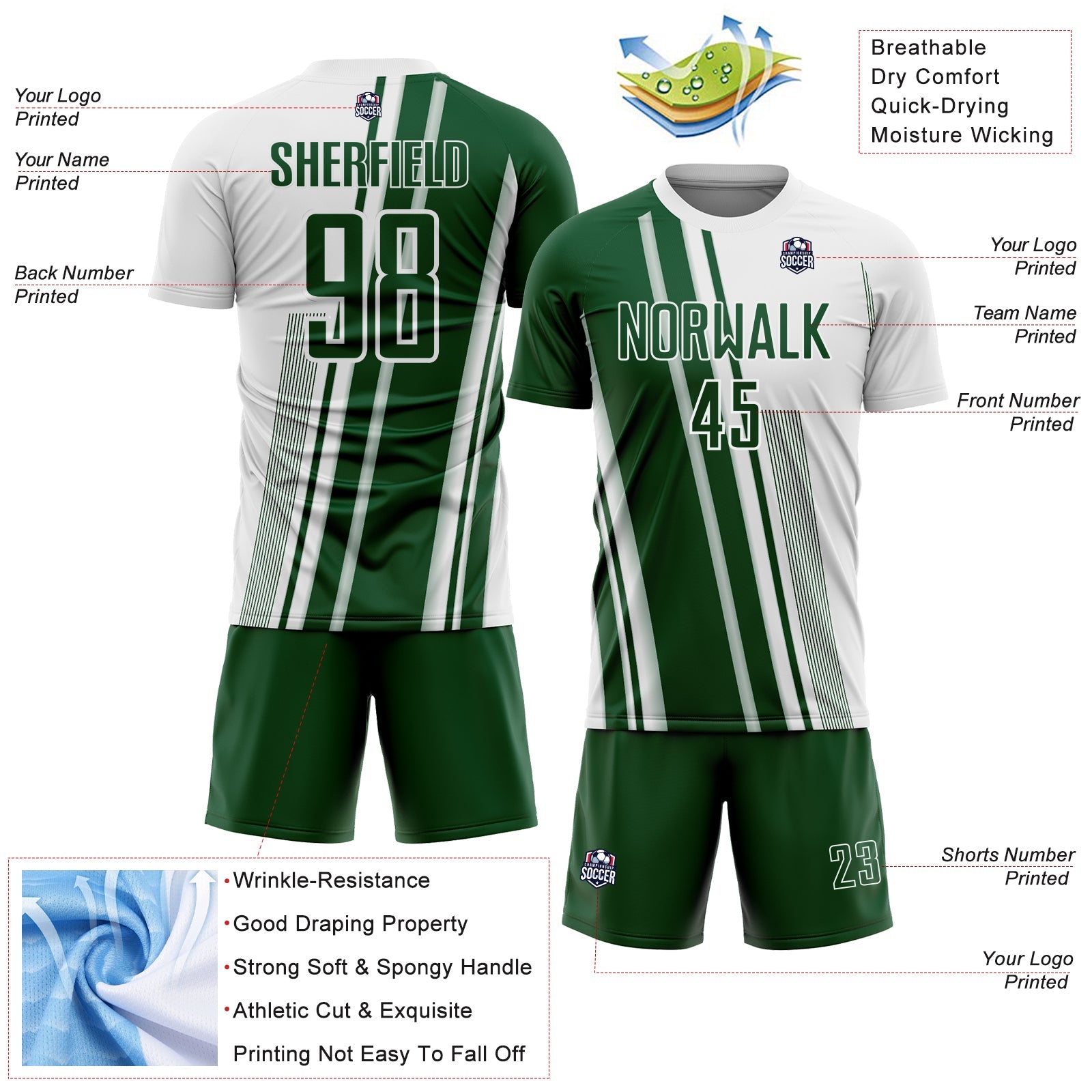 Custom White Green Lines Sports Sublimation Soccer Uniform Jersey view 4