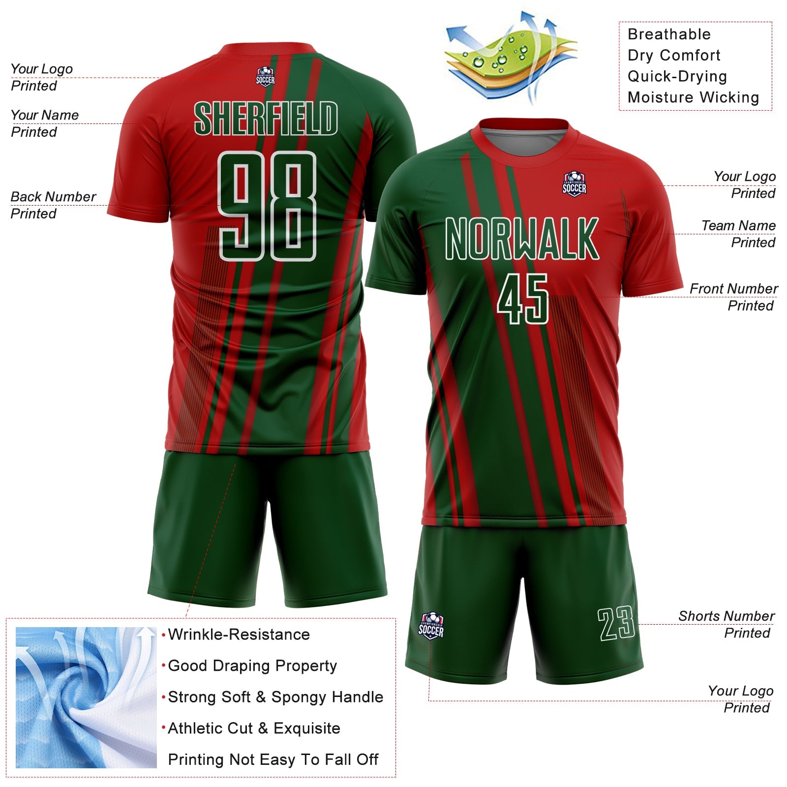 Custom Red Green-White Lines Sports Sublimation Soccer Uniform Jersey view 4