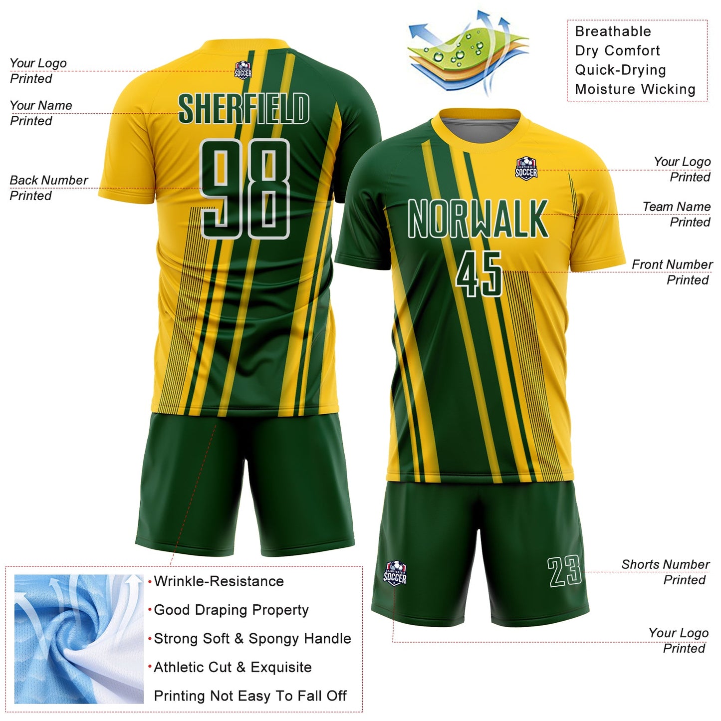Custom Yellow Green-White Lines Sports Sublimation Soccer Uniform Jersey view 4