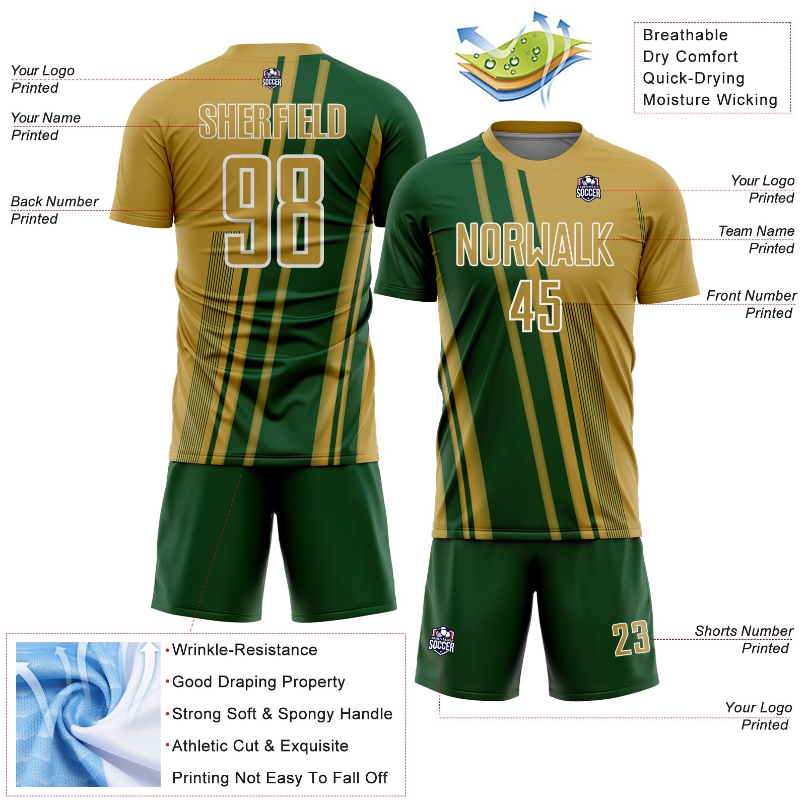 Custom Old Gold Green-White Lines Sports Sublimation Soccer Uniform Jersey view 4