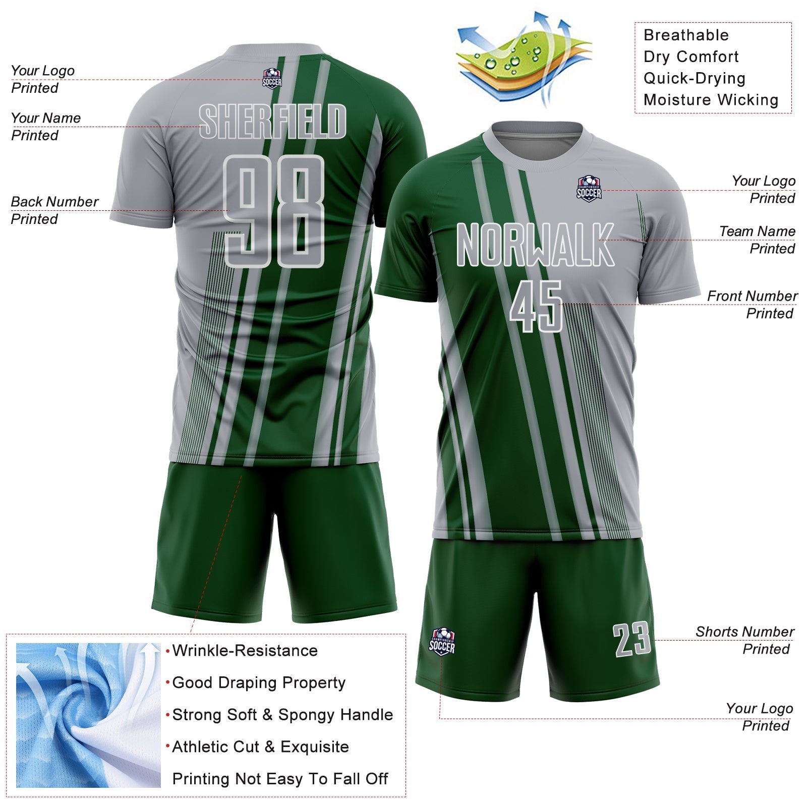 Custom Gray Green-White Lines Sports Sublimation Soccer Uniform Jersey view 4