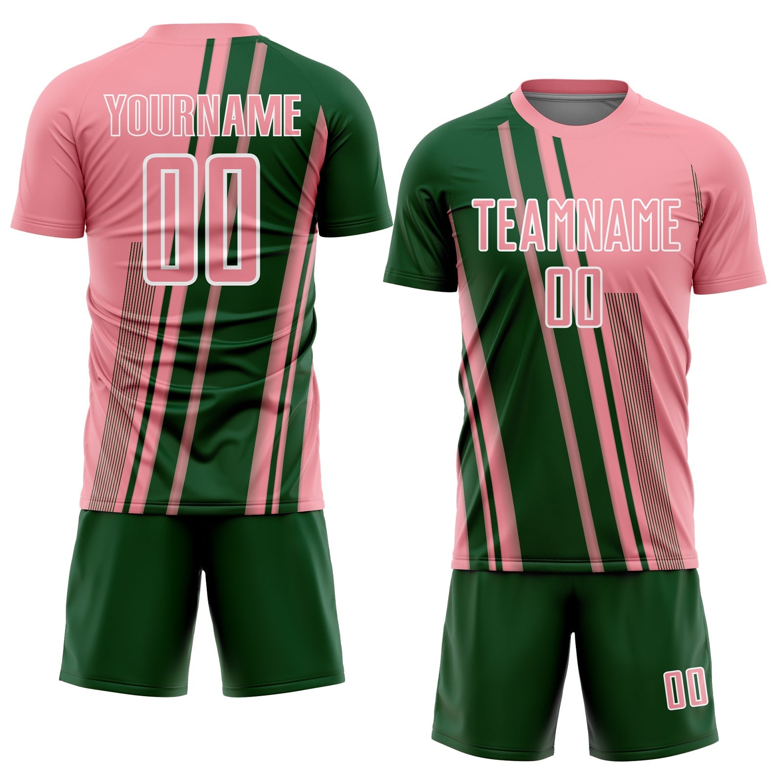 Custom Medium Pink Green-White Lines Sports Sublimation Soccer Uniform Jersey view 2