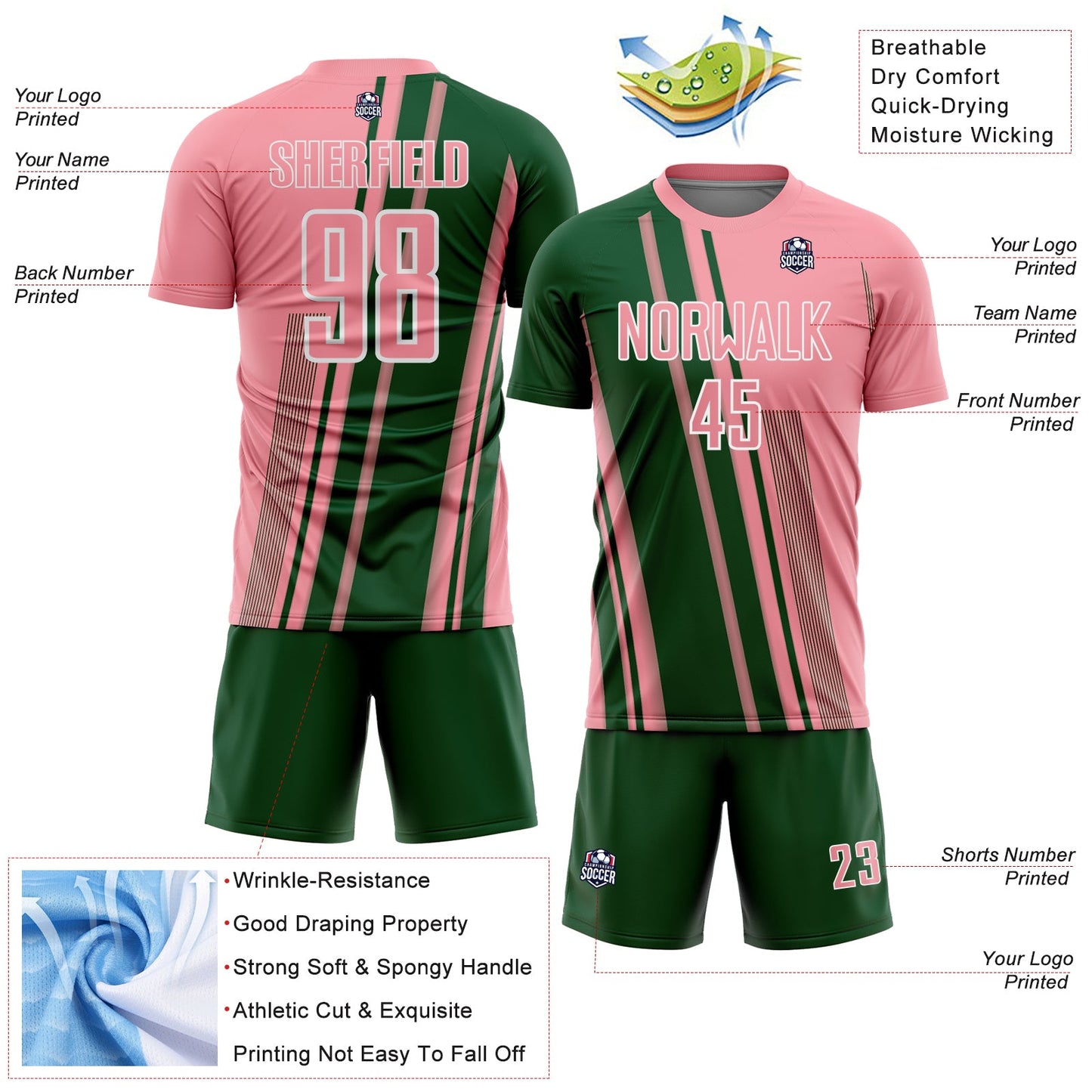 Custom Medium Pink Green-White Lines Sports Sublimation Soccer Uniform Jersey view 4