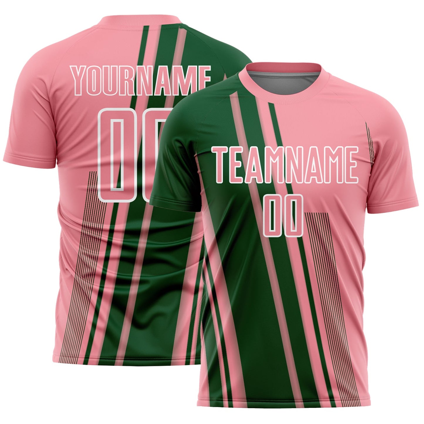 Custom Medium Pink Green-White Lines Sports Sublimation Soccer Uniform Jersey - Main View