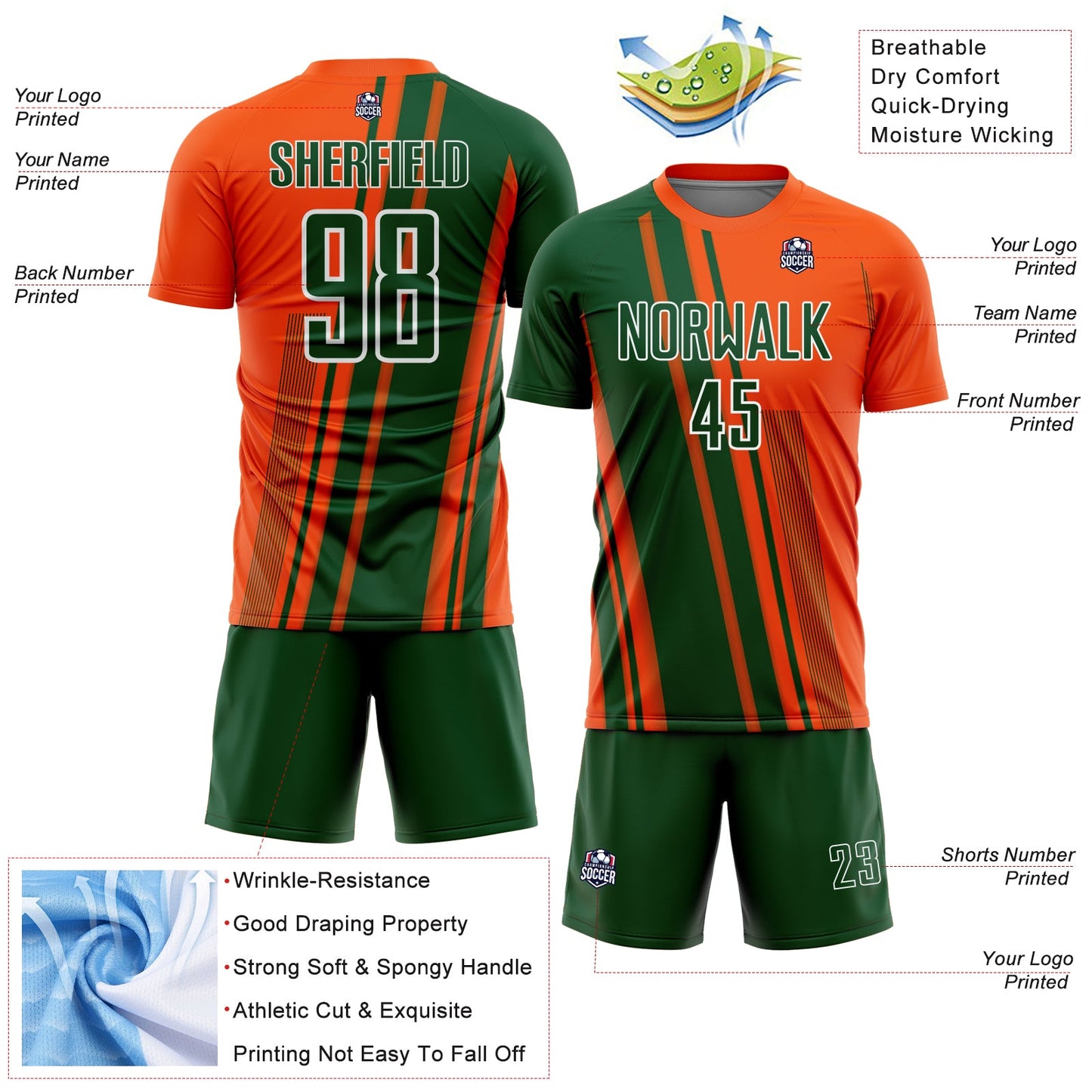 Custom Orange Green-White Lines Sports Sublimation Soccer Uniform Jersey view 4