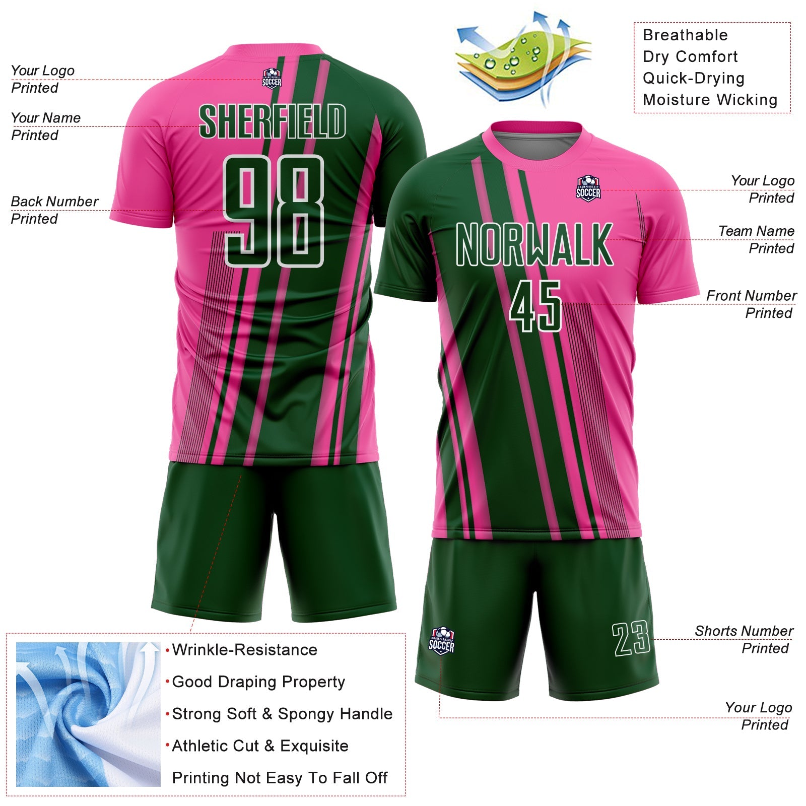 Custom Pink Green-White Lines Sports Sublimation Soccer Uniform Jersey view 4