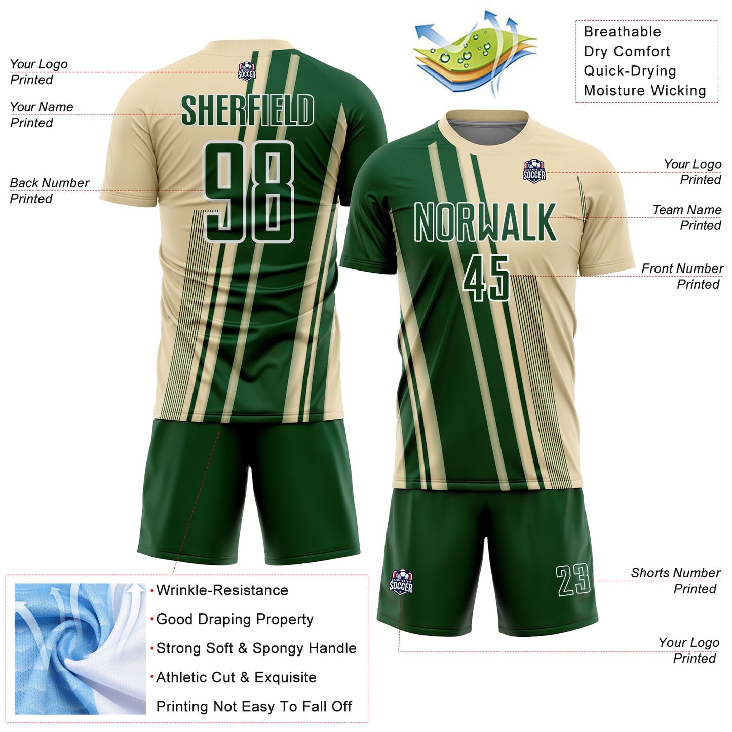 Custom Cream Green-White Lines Sports Sublimation Soccer Uniform Jersey view 4