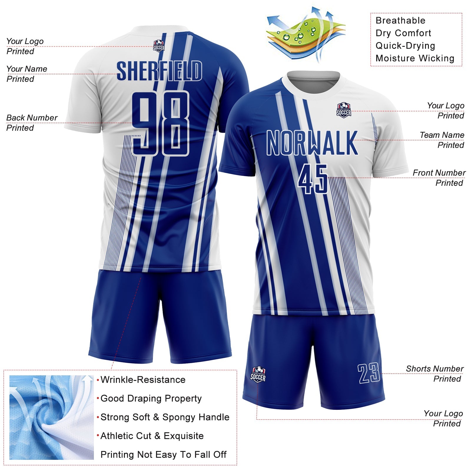 Custom White Royal Lines Sports Sublimation Soccer Uniform Jersey view 4