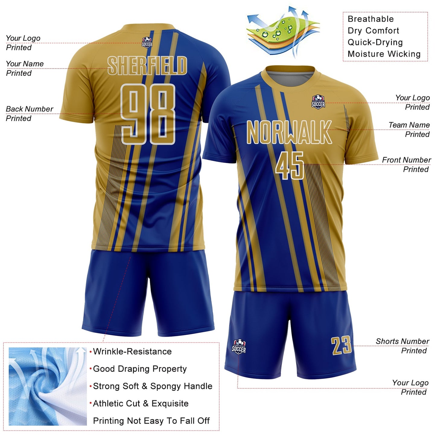 Custom Old Gold Royal-White Lines Sports Sublimation Soccer Uniform Jersey view 4