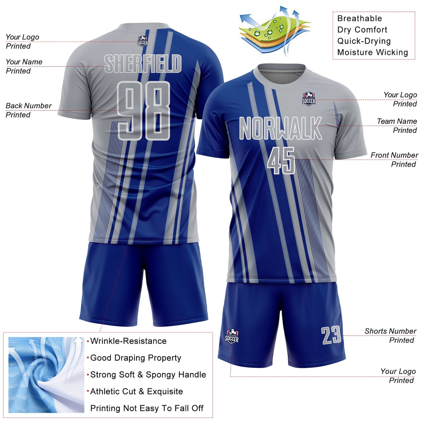 Custom Gray Royal-White Lines Sports Sublimation Soccer Uniform Jersey view 4