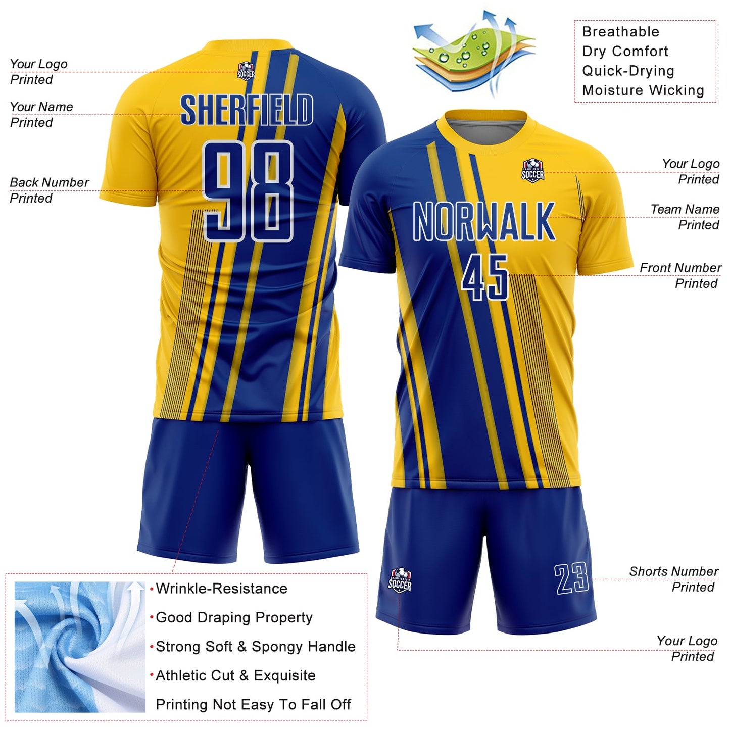 Custom Yellow Royal-White Lines Sports Sublimation Soccer Uniform Jersey view 4